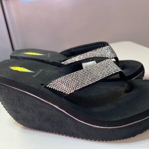 Volatile Glimpse Black Wedge Sandals with Rhinestone Straps